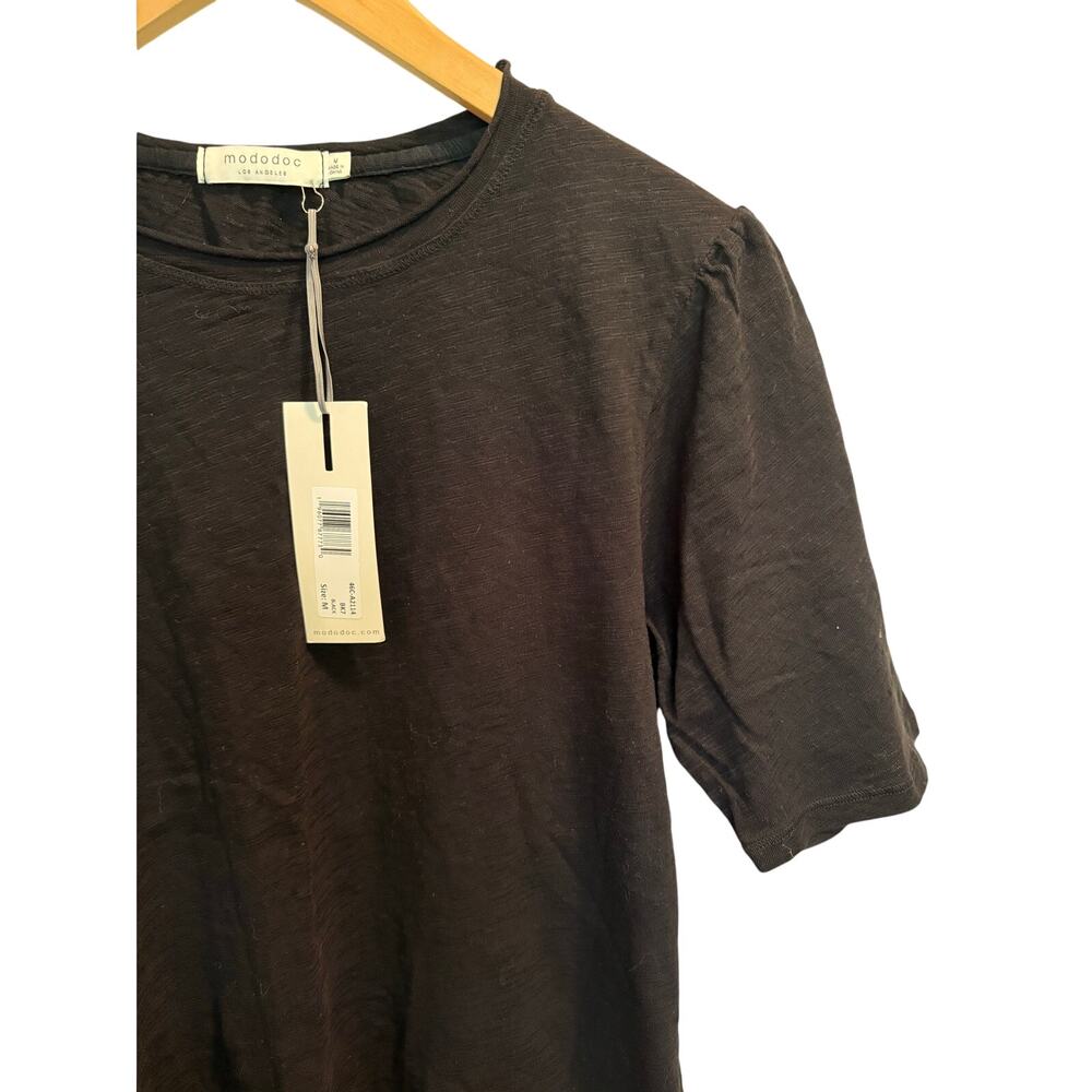 Mododoc Crewneck Puff Sleeve T-Shirt Women’s Size M Black Classic Plain Top NWT - Picture 3 of 6
